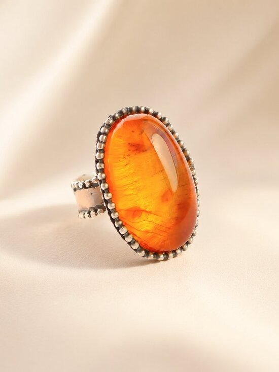 Jūratė Amber Jewelry - Medieval Baltic Amber Brutalist Ring in 925 Sterling Silver